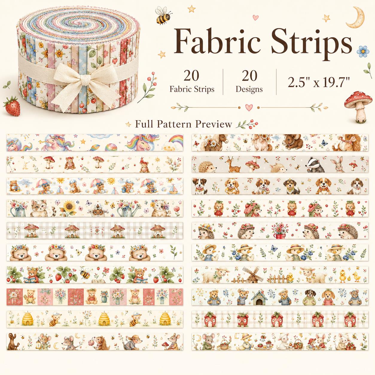 20pcs Vintage Bear Cat Hedgehog Animal Series Jelly Roll Fabric Strips 2.5X19.7inch Delicate Printed Multi-Color 100% Polyester For DIY Handmade Patchwork, Table Runners, Placemats, Tote Bags, Storage Pouches, Makeup Bags, Coasters, Quilt Blocks & Binding