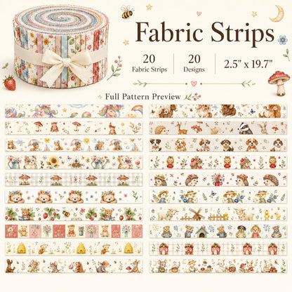 20pcs Vintage Bear Cat Hedgehog Animal Series Jelly Roll Fabric Strips 2.5X19.7inch Delicate Printed Multi-Color 100% Polyester For DIY Handmade Patchwork, Table Runners, Placemats, Tote Bags, Storage Pouches, Makeup Bags, Coasters, Quilt Blocks & Binding