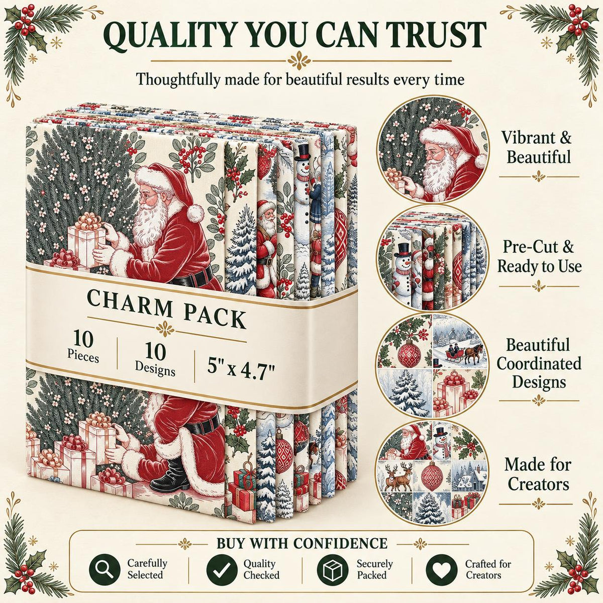 10Pc/Set Christmas Series Deer Tree Santa Claus Holly Gift Fat Quarter Fabric, Pre-Cut Square Fabric Assort, Fabric Set, Craft Fabric, Handmade DIY Patchwork Fabric,Home Quilting Sewing Fabric, Packaging Fabric, Scrapbooking Craft Hobbyist