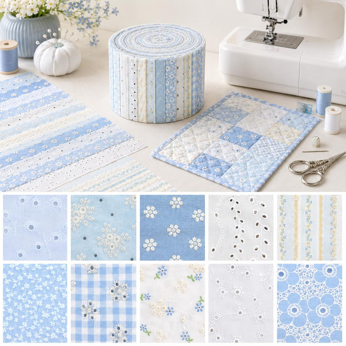 10pcs Vintage Floral Blue & White Pattern Purple Jelly Roll Fabric Strips 2.5X19.7inch Pre-cut 100% Polyester for Patchwork Quilts, Table Runners, Placemats, Tote Bags, Storage Pouches, Makeup Bags, Coasters, Quilt Blocks & Binding