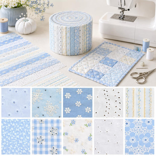 10pcs Vintage Floral Blue & White Pattern Purple Jelly Roll Fabric Strips 2.5X19.7inch Pre-cut 100% Polyester for Patchwork Quilts, Table Runners, Placemats, Tote Bags, Storage Pouches, Makeup Bags, Coasters, Quilt Blocks & Binding