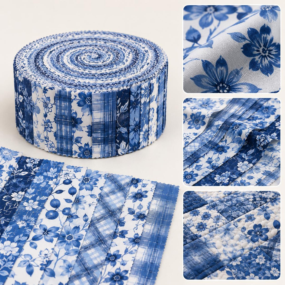 10pcs Vintage Floral Plaid Blue Pattern Jelly Roll Fabric Strips 2.5X19.7inch Pre-cut 100% Polyester for Patchwork Quilts, Table Runners, Placemats, Tote Bags, Storage Pouches, Makeup Bags, Coasters, Quilt Blocks & Binding Multi-color