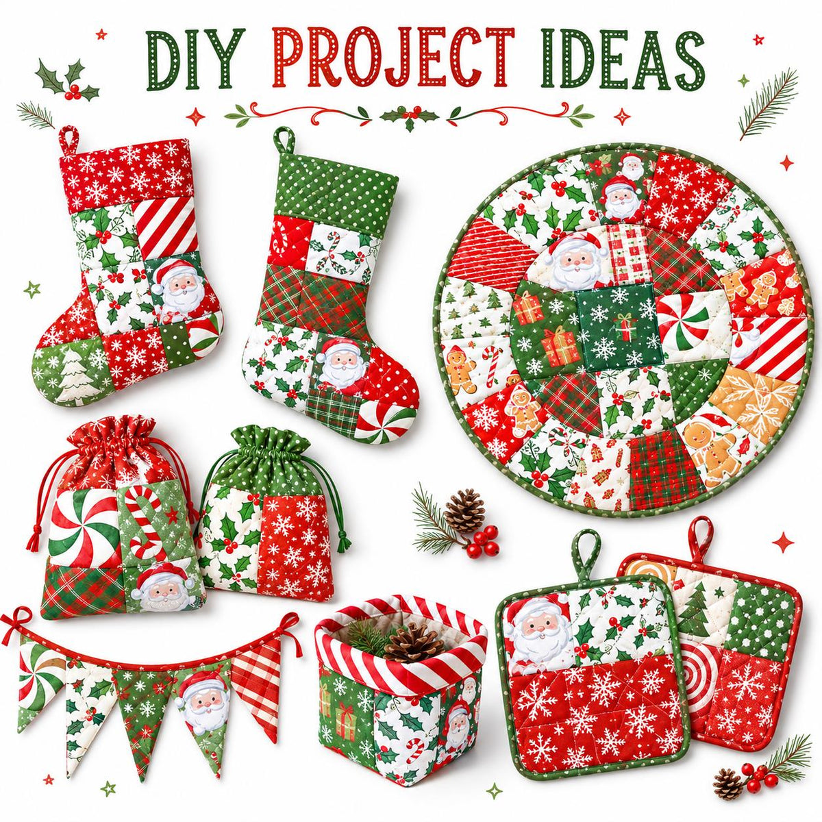 10pcs Charm Pack Set Holly Santa Christmas Pattern Vintage Style Handmade DIY with Rich Color and Texture Elements 100% Polyester Patchwork in 10 Design Styles Suitable for Patchwork DIY Craft Projects DIY Wallet Making Gift Giving Bag Making Mother's Day