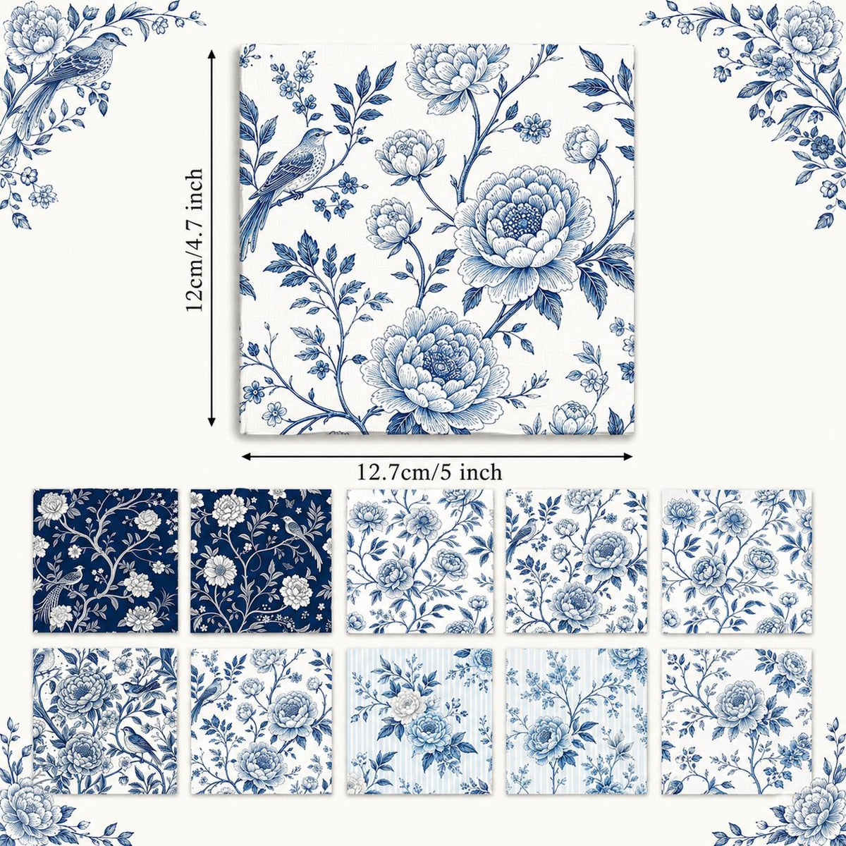 10Pc/Set Flower Blue Series Bird Leaves Fat Quarter Fabric, Pre-Cut Square Fabric Assort, Fabric Set, Craft Fabric, Handmade DIY Patchwork Fabric,Home Quilting Sewing Fabric, Packaging Fabric, Scrapbooking Craft Hobbyist