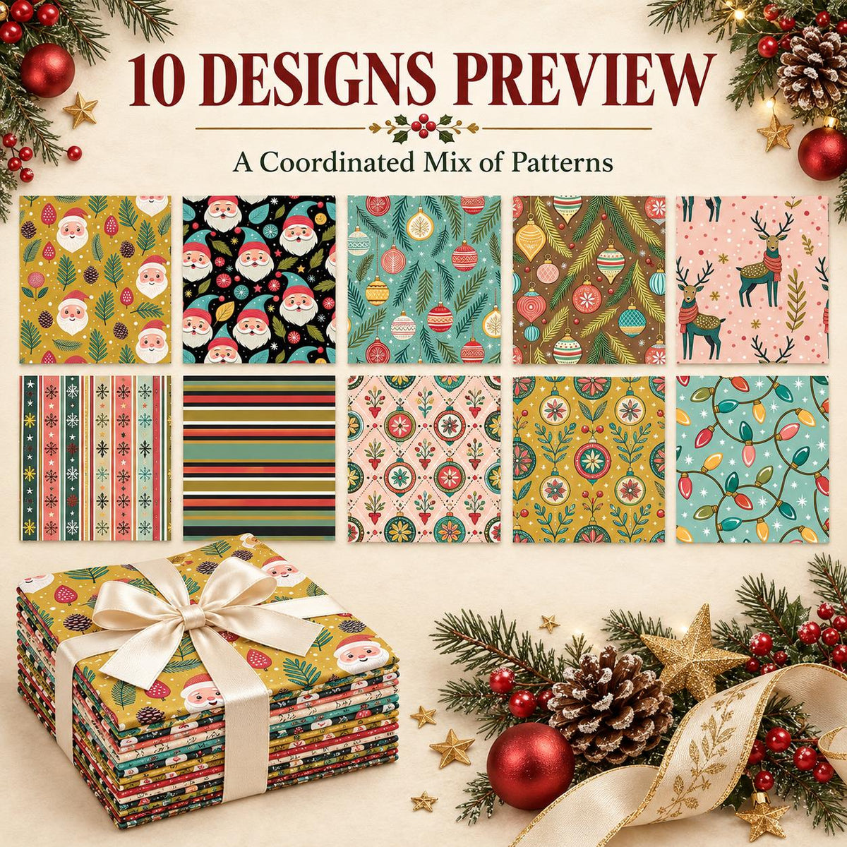 10Pc/Set Christmas Series Stripe Deer Santa Claus Tree Pinecones Fat Quarter Fabric, Pre-Cut Square Fabric Assort, Fabric Set, Craft Fabric, Handmade DIY Patchwork Fabric,Home Quilting Sewing Fabric, Packaging Fabric, Scrapbooking Craft Hobbyist