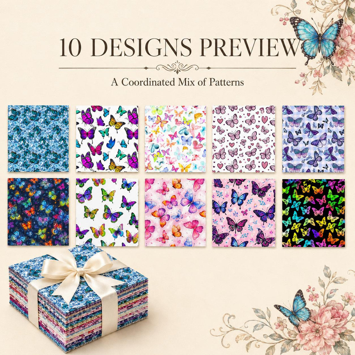 10Pc/Set Flower Butterfly Series Fat Quarter Fabric, Pre-Cut Square Fabric Assort, Fabric Set, Craft Fabric, Handmade DIY Patchwork Fabric,Home Quilting Sewing Fabric, Packaging Fabric, Scrapbooking Craft Hobbyist