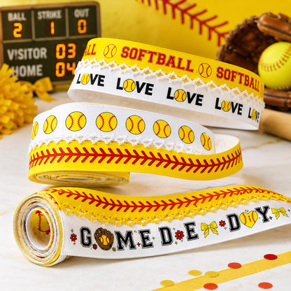 5 Yards Sport Series Ribbon Adorned with Softball Pattern, Width 32mm/1.26-Inch, Two Ribbon Equipped with White Yellow Center Hook Edge, Ideal for Showcasing Jewelry And Wrapping Gifts, Creating Bows, Holiday Decorations
