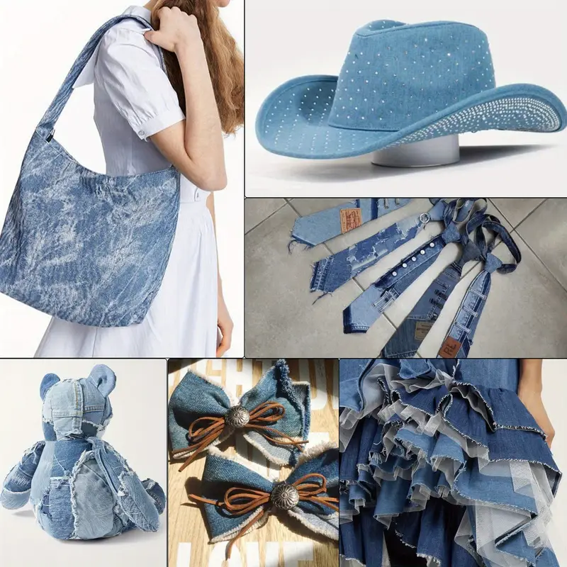 1Pc Plaid Grid Star Pattern Distressed Denim Fabric with Tassels,68.5x19.68inch Pre-cut 100% Polyester Fabric,Luxury Vintage Style,Hand Wash Only,Ideal for DIY Crafts, Bags & Sewing Projects,Hats,Sewing Supplies for Crafts