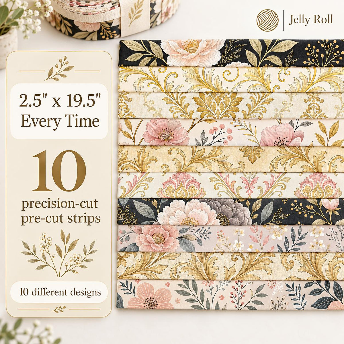 10pcs Vintage Floral Burgundy Pattern Jelly Roll Fabric Strips 2.5X19.7inch Pre-Cut 100% Polyester For Patchwork Quilts, Table Runners, Placemats, Tote Bags, Storage Pouches, Makeup Bags, Coasters, Quilt Blocks & Binding