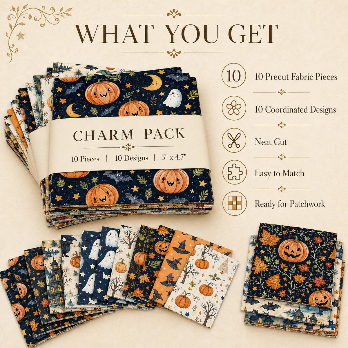 10Pc/Set Halloween Series Owl Skull Pumpkin Cat Moon Fat Quarter Fabric, Pre-Cut Square Fabric Assort, Fabric Set, Craft Fabric, Handmade DIY Patchwork Fabric,Home Quilting Sewing Fabric, Packaging Fabric, Scrapbooking Craft Hobbyist