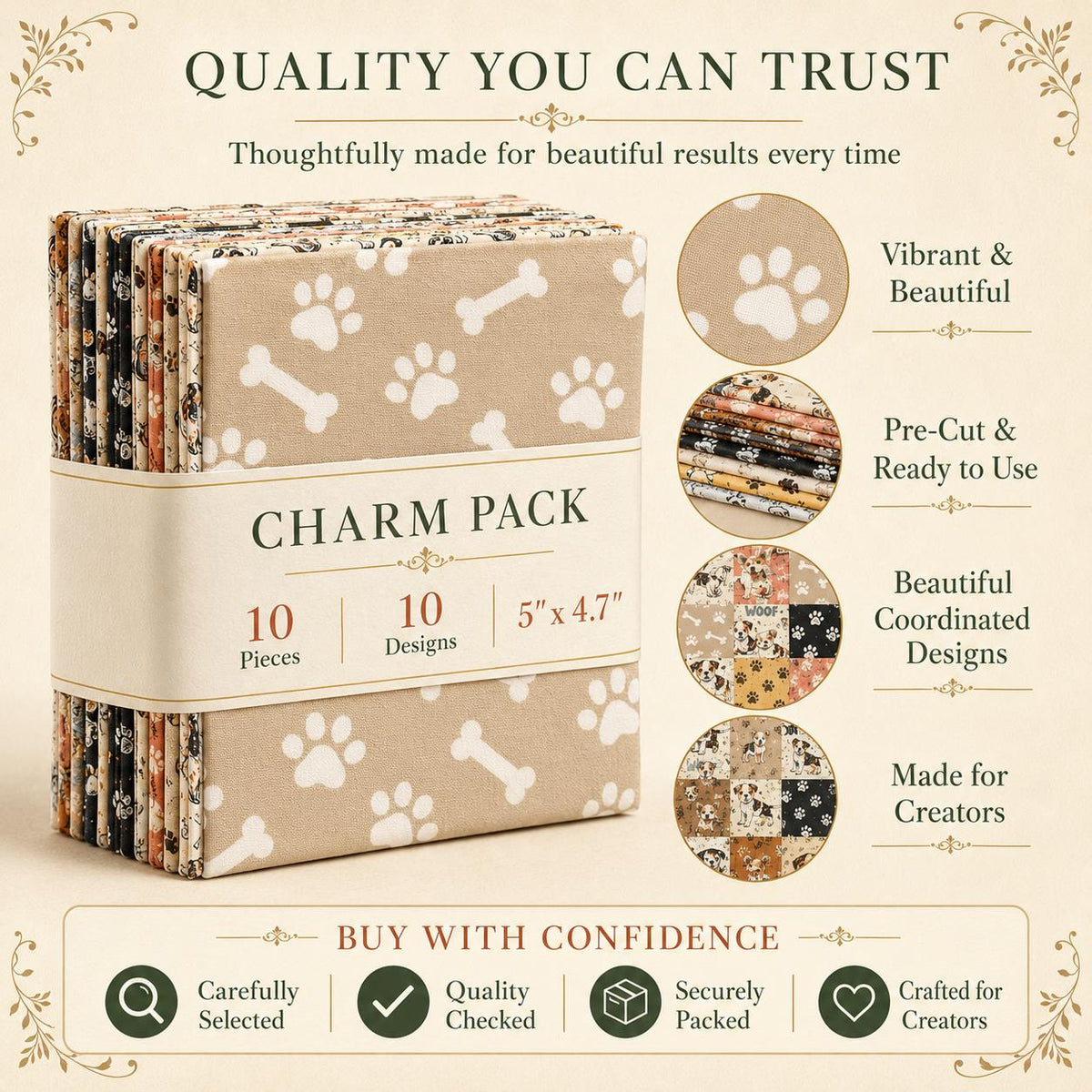 10pcs Charm Pack Set Dog Paw Pattern Vintage Style Handmade DIY with Rich Color and Texture Elements 100% Polyester Patchwork in 10 Design Styles Suitable for Patchwork DIY Craft Projects DIY Wallet Making Gift Giving Bag Making Mother's Day Gift