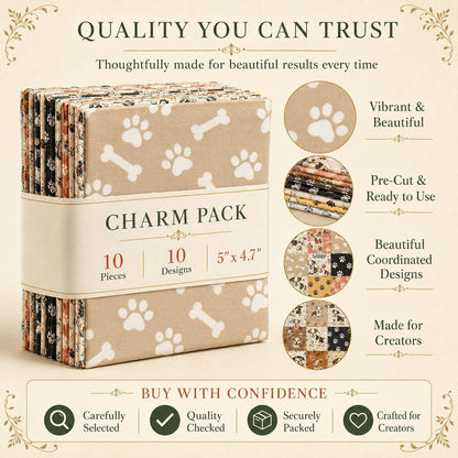 10pcs Charm Pack Set Dog Paw Pattern Vintage Style Handmade DIY with Rich Color and Texture Elements 100% Polyester Patchwork in 10 Design Styles Suitable for Patchwork DIY Craft Projects DIY Wallet Making Gift Giving Bag Making Mother's Day Gift