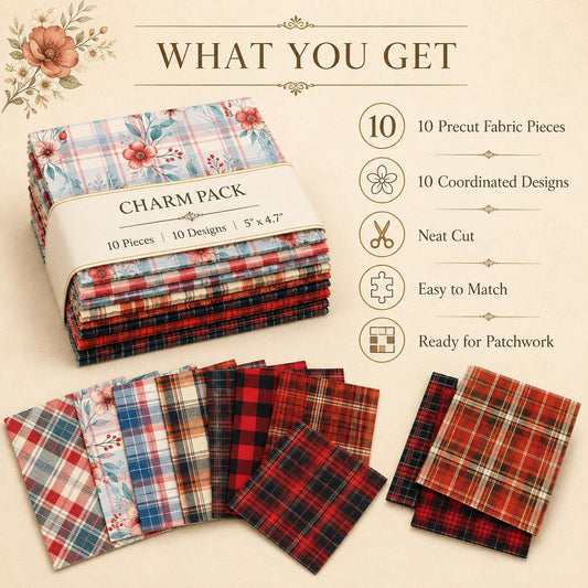 10Pc/Set Christmas Plaid Series Flower Fat Quarter Fabric, Pre-Cut Square Fabric Assort, Fabric Set, Craft Fabric, Handmade DIY Patchwork Fabric,Home Quilting Sewing Fabric, Packaging Fabric, Scrapbooking Craft Hobbyist