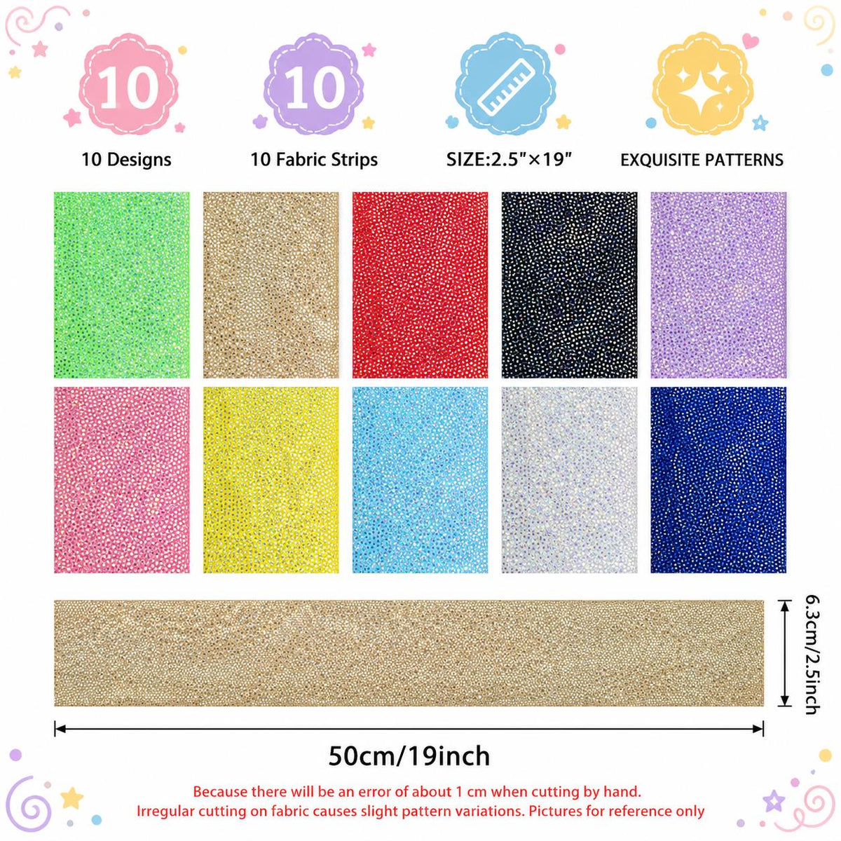 10pcs/Set, Making 10 Images 1pc Each, Each Size: 2.48*19.69inch Plain Muti-color Laser Pattern Sliced Fabric Set Style Combination, Polyester Jelly Roll Fabric Strips, Pre-Cut Quilting Squares, for Quilting DIY, Handicrafts And Sewing, Blankets, Rugs