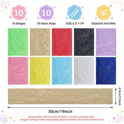 10pcs/Set, Making 10 Images 1pc Each, Each Size: 2.48*19.69inch Plain Muti-color Laser Pattern Sliced Fabric Set Style Combination, Polyester Jelly Roll Fabric Strips, Pre-Cut Quilting Squares, for Quilting DIY, Handicrafts And Sewing, Blankets, Rugs