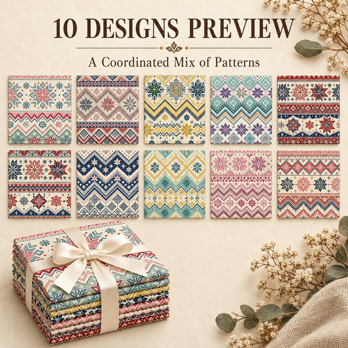 10Pc/Set Christmas Flower Stripe Series Fat Quarter Fabric, Pre-Cut Square Fabric Assort, Fabric Set, Craft Fabric, Handmade DIY Patchwork Fabric,Home Quilting Sewing Fabric, Packaging Fabric, Scrapbooking Craft Hobbyist