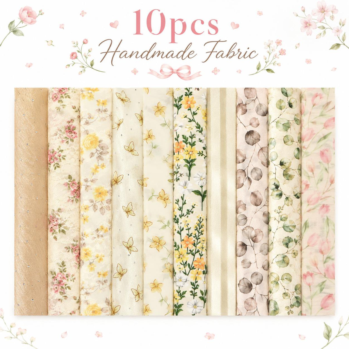 10Pc/Set, Making 10 Images 1pc Each, Each Size: 6.3*50cm Butterfly Floral Beige Series Sliced Fabric Set Style Combination, Polyester Jelly Roll Fabric Strips, Pre-Cut Quilting Squares, For Quilting DIY, Handicrafts And Sewing, Blankets, Rugs, Interior De