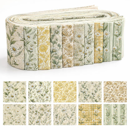 10pcs Vintage Daisy Floral Pattern Jelly Roll Fabric Strips 2.5X19.7inch Pre-Cut 100% Polyester For Patchwork Quilts, Table Runners, Placemats, Tote Bags, Storage Pouches, Makeup Bags, Coasters, Quilt Blocks & Binding