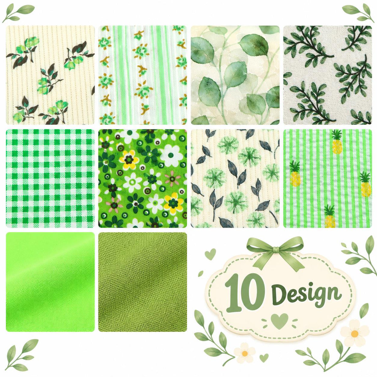 10pcs Vintage Green Flower Jelly Roll Fabric Strips 2.5X19.7inch Pre-cut 100% Polyester for Patchwork Quilts, Table Runners, Placemats, Tote Bags, Storage Pouches, Makeup Bags, Coasters, Quilt Blocks & Binding