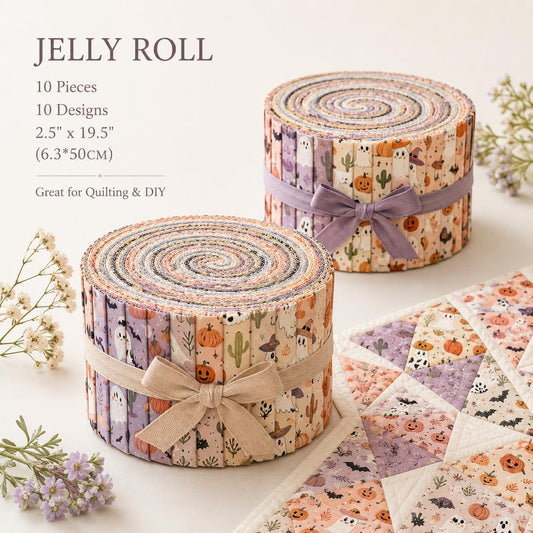10pcs Vintage Pumpkin Ghost Halloween Theme Jelly Roll Fabric Strips 2.5X19.7inch Pre-Cut 100% Polyester For Patchwork Quilts, Table Runners, Placemats, Tote Bags, Storage Pouches, Makeup Bags, Coasters, Quilt Blocks & Binding