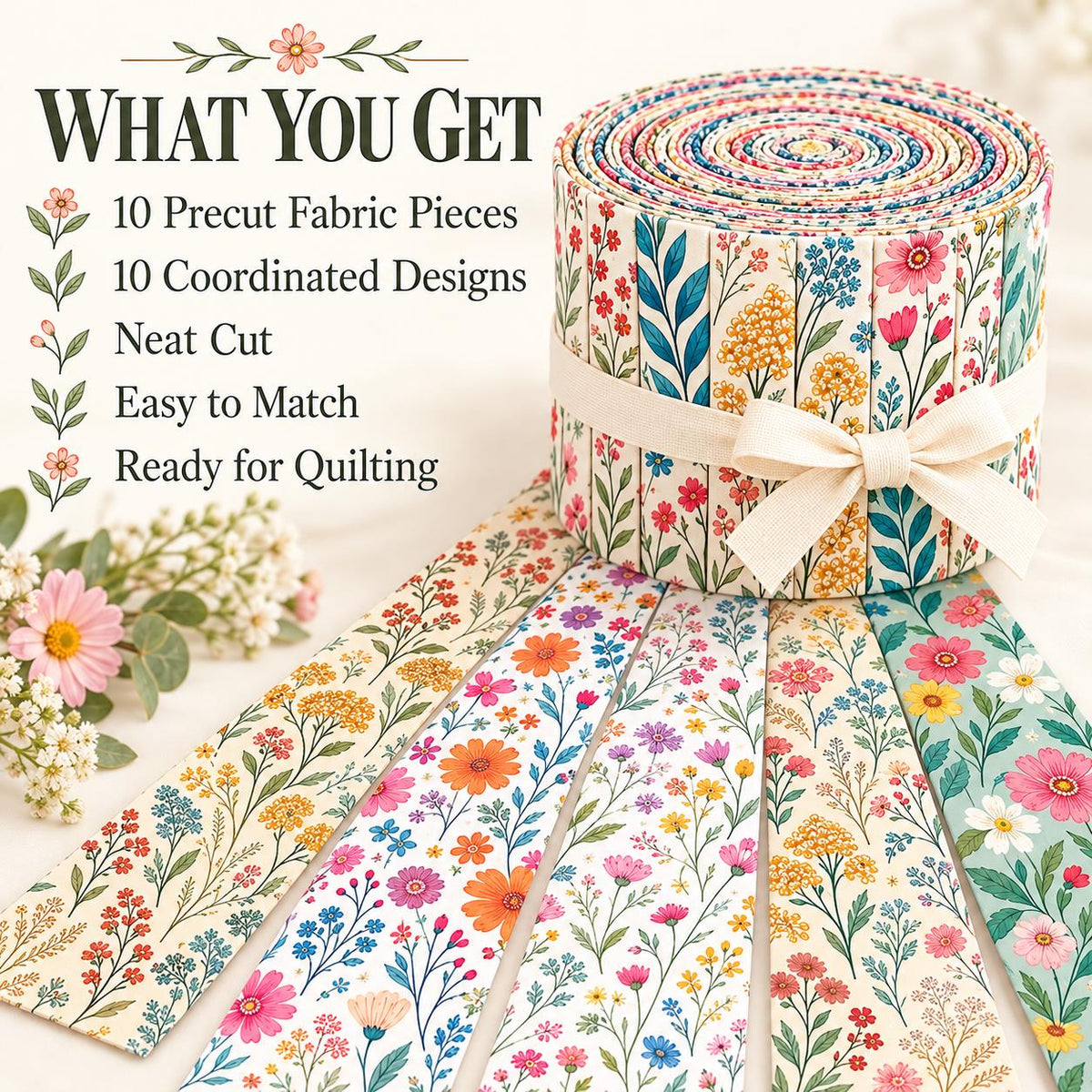 10pcs Vintage Floral Pattern Jelly Roll Fabric Strips 2.5X19.7inch Pre-Cut 100% Polyester For Patchwork Quilts, Table Runners, Placemats, Tote Bags, Storage Pouches, Makeup Bags, Coasters, Quilt Blocks & Binding