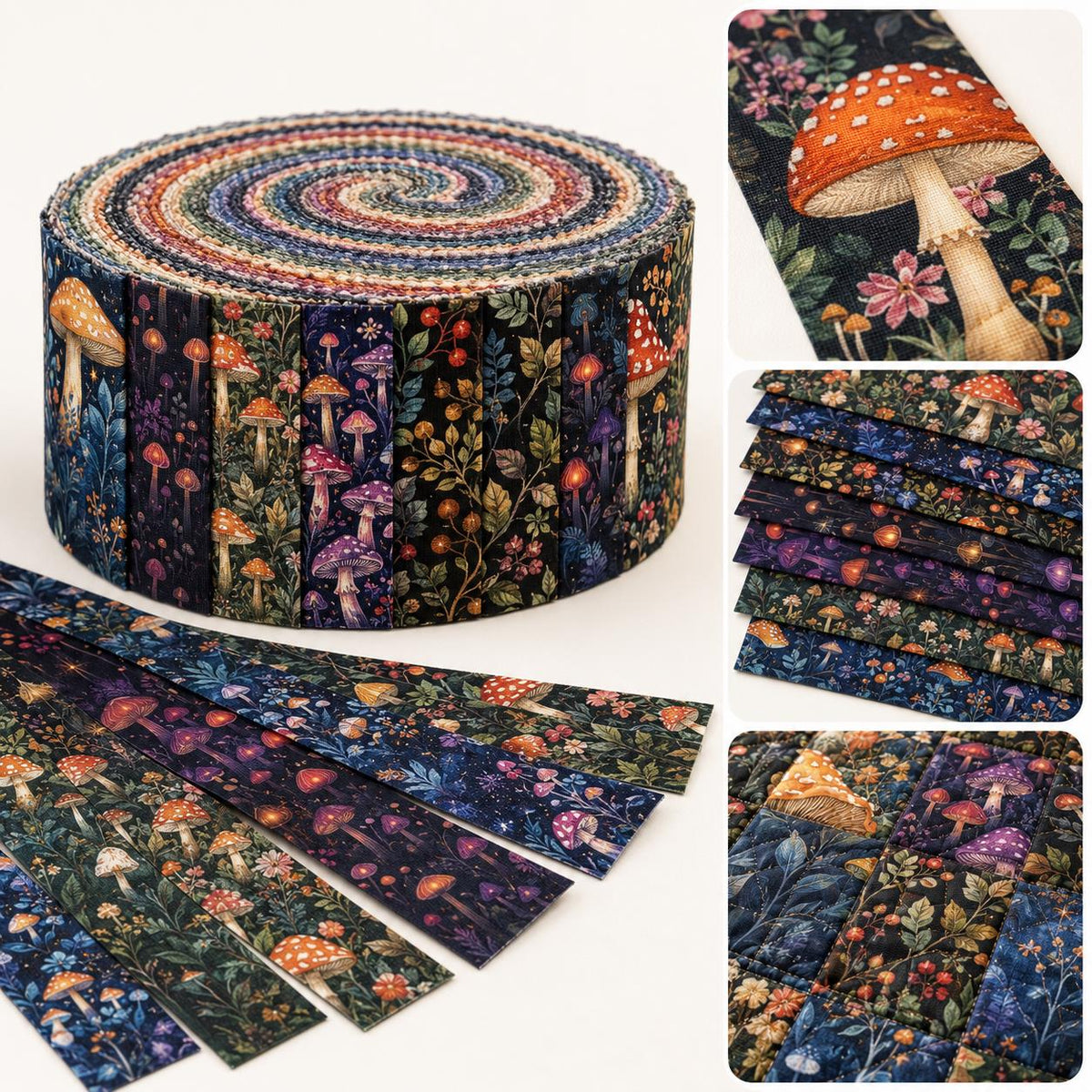 10pcs Vintage Mushroom Dark Pattern Jelly Roll Fabric Strips 2.5X19.7inch Pre-Cut 100% Polyester For Patchwork Quilts, Table Runners, Placemats, Tote Bags, Storage Pouches, Makeup Bags, Coasters, Quilt Blocks & Binding