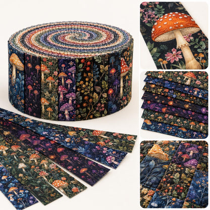 10pcs Vintage Mushroom Dark Pattern Jelly Roll Fabric Strips 2.5X19.7inch Pre-Cut 100% Polyester For Patchwork Quilts, Table Runners, Placemats, Tote Bags, Storage Pouches, Makeup Bags, Coasters, Quilt Blocks & Binding