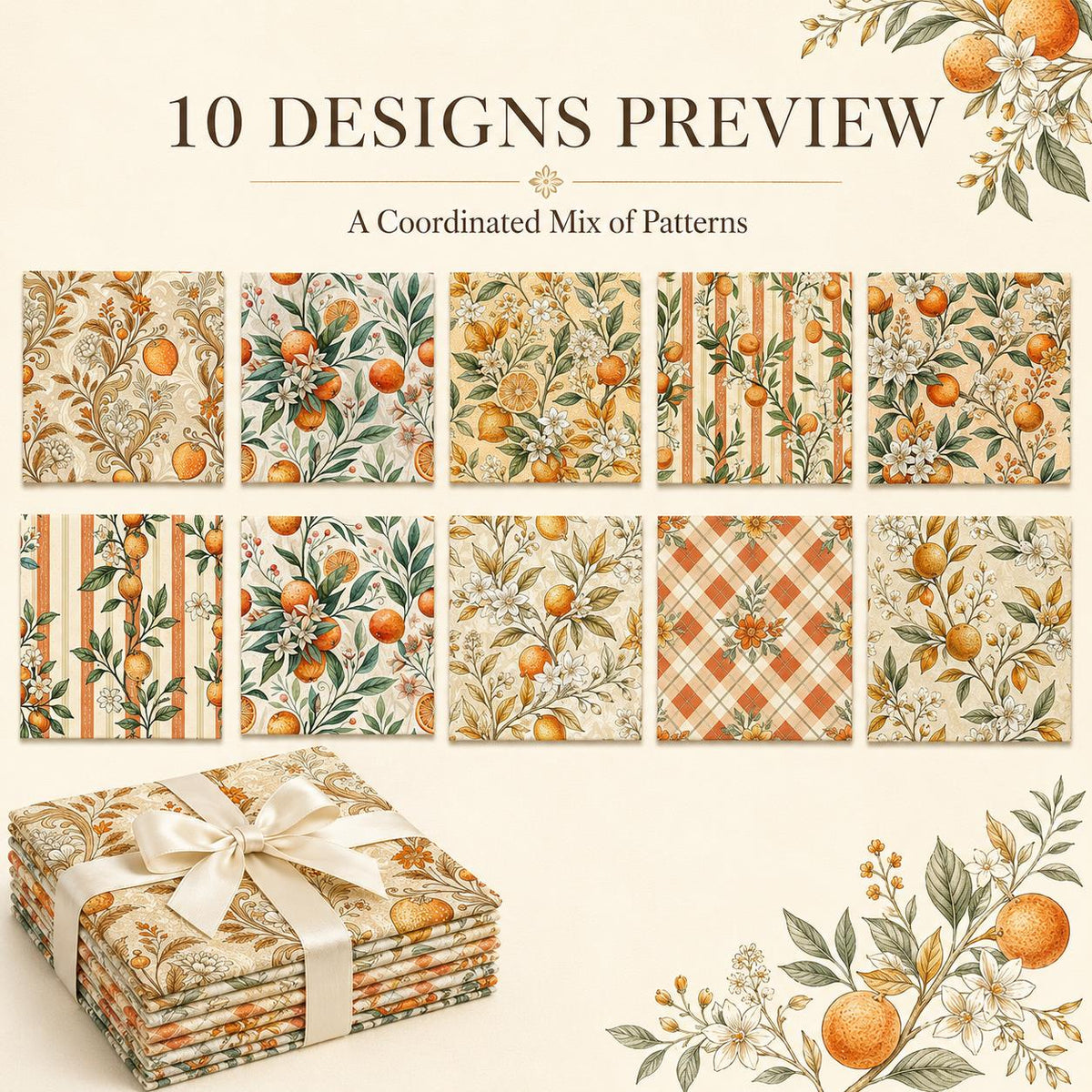 10Pc/Set Fruit Orange Series Flower Fat Quarter Fabric, Pre-Cut Square Fabric Assort, Fabric Set, Craft Fabric, Handmade DIY Patchwork Fabric,Home Quilting Sewing Fabric, Packaging Fabric, Scrapbooking Craft Hobbyist