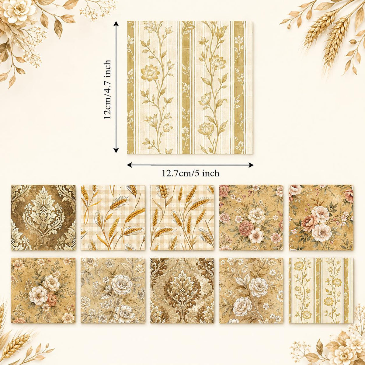 10pcS Charm Pack Set Floral Ear Of Wheat Pattern VIntage Style HAndmade DIY With Rich Color and Texture Elements 100% Polyester Patchwork in 10 Design Styles Suitable For Patchwork DIY Craft Projects DIY Wallet Making Gift Giving Bag Making Mother's Day G