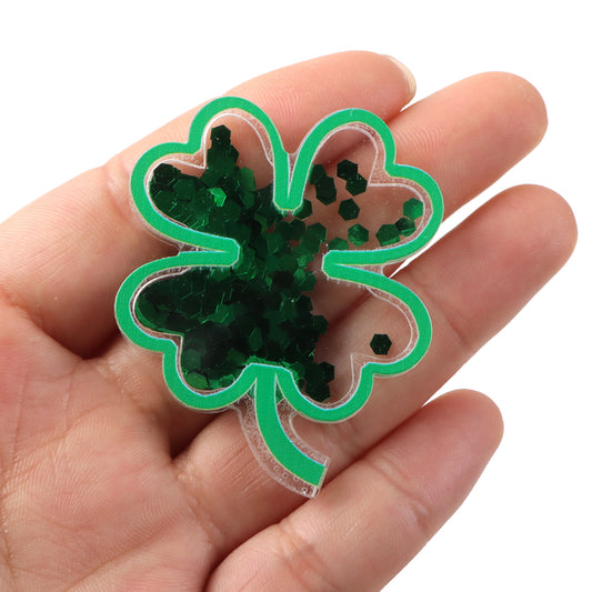 1pc St. Patrick's Day Series Shake Quicksand 3D Acrylic Resin Charms Beads Shamrock Shaped Ornament DIY Creative Phone Shell Case Keychain Fridge Patches Decors Accessories Happy Holiday Crafts Jewelry Making Party Decoration