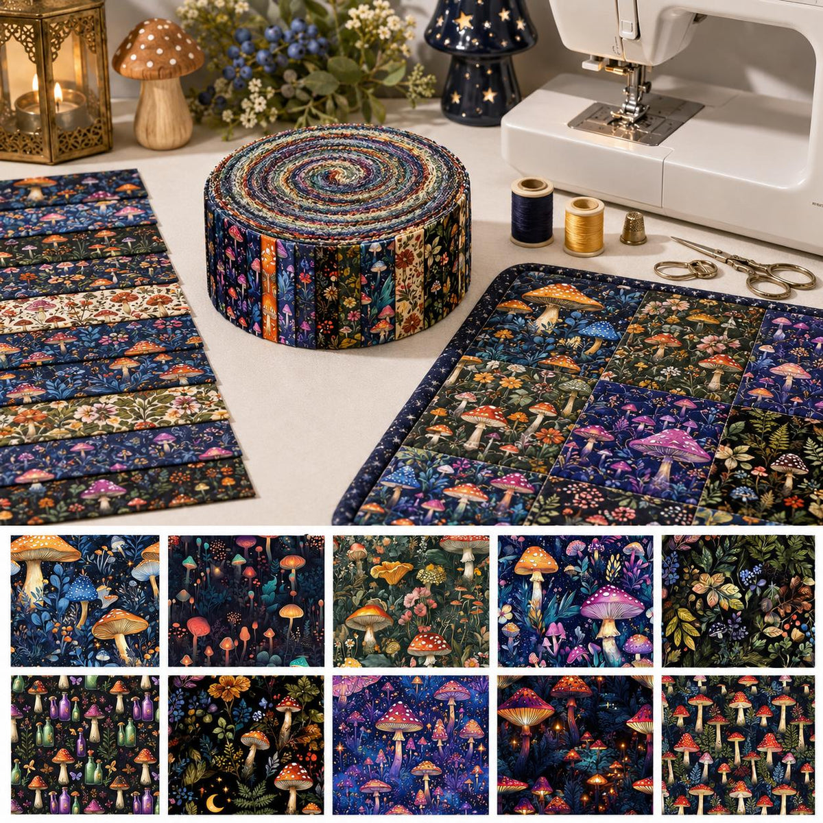 10pcs Vintage Mushroom Dark Pattern Jelly Roll Fabric Strips 2.5X19.7inch Pre-Cut 100% Polyester For Patchwork Quilts, Table Runners, Placemats, Tote Bags, Storage Pouches, Makeup Bags, Coasters, Quilt Blocks & Binding