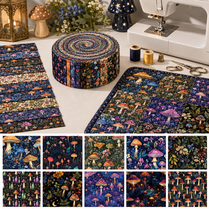 10pcs Vintage Mushroom Dark Pattern Jelly Roll Fabric Strips 2.5X19.7inch Pre-Cut 100% Polyester For Patchwork Quilts, Table Runners, Placemats, Tote Bags, Storage Pouches, Makeup Bags, Coasters, Quilt Blocks & Binding
