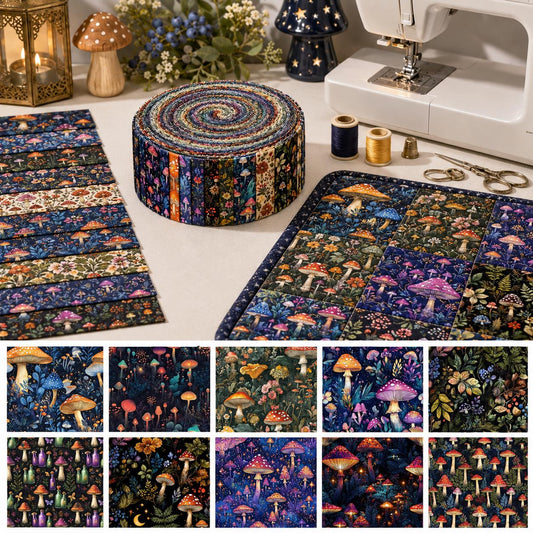 10pcs Vintage Mushroom Dark Pattern Jelly Roll Fabric Strips 2.5X19.7inch Pre-Cut 100% Polyester For Patchwork Quilts, Table Runners, Placemats, Tote Bags, Storage Pouches, Makeup Bags, Coasters, Quilt Blocks & Binding