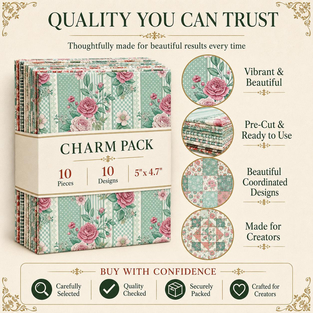 10pcs Charm Pack Set Floral Vintage Style Pattern Handmade DIY with Rich Color and Texture Elements 100% Polyester Patchwork in 10 Design Styles Suitable for Patchwork DIY Craft Projects DIY Wallet Making Gift Giving Bag Making Mother's Day Gift