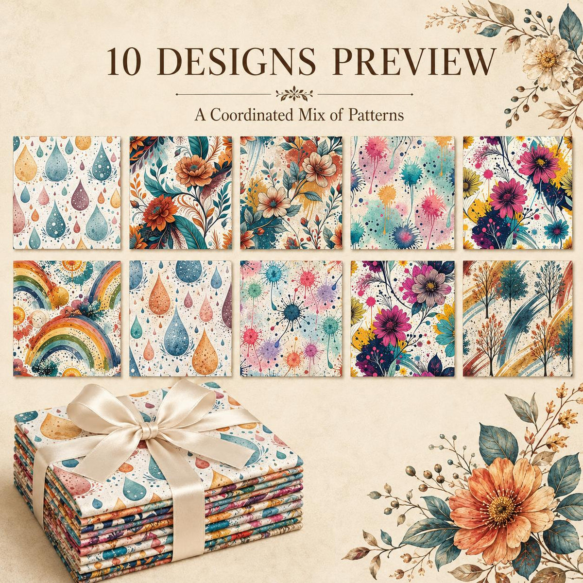 10pcs Charm Pack Set PaInt Splatter Floral Pattern 100% Polyester Patchwork in 10 Design Styles, Ready-To-Sew Without Cutting, Suitable For Patchwork Wallet Making Gift Giving Tote Bags Coasters DIY Craft Projects