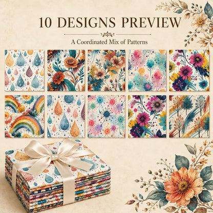 10pcs Charm Pack Set PaInt Splatter Floral Pattern 100% Polyester Patchwork in 10 Design Styles, Ready-To-Sew Without Cutting, Suitable For Patchwork Wallet Making Gift Giving Tote Bags Coasters DIY Craft Projects