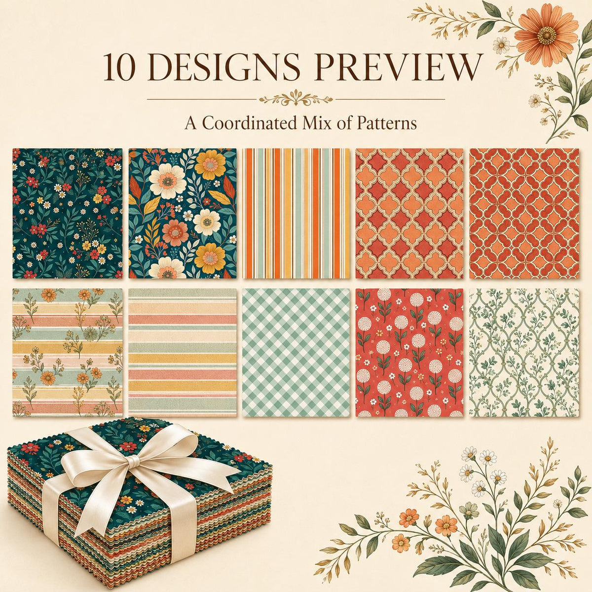 10pcs Charm Pack Set Floral Plaid Pattern Vintage Style Handmade DIY with Rich Color and Texture Elements 100% Polyester Patchwork in 10 Design Styles Suitable for Patchwork DIY Craft Projects DIY Wallet Making Gift Giving Bag Making Mother's Day Gift