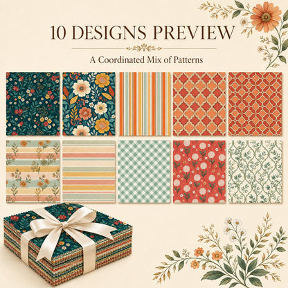 10pcs Charm Pack Set Floral Plaid Pattern Vintage Style Handmade DIY with Rich Color and Texture Elements 100% Polyester Patchwork in 10 Design Styles Suitable for Patchwork DIY Craft Projects DIY Wallet Making Gift Giving Bag Making Mother's Day Gift