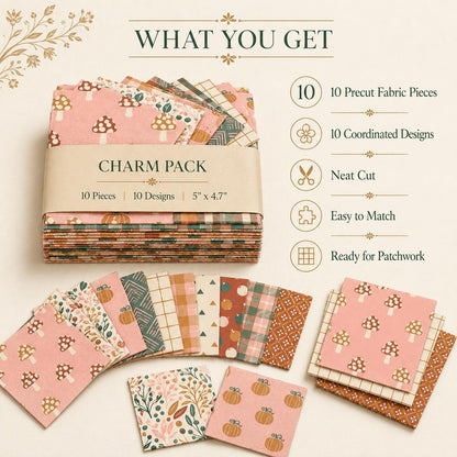10pcs Charm Pack Set Mushroom Pumpkin Pattern Vintage Style Handmade DIY with Rich Color and Texture Elements 100% Polyester Patchwork in 10 Design Styles Suitable for Patchwork DIY Craft Projects DIY Wallet Making Gift Giving Bag Making Mother's Day Gift