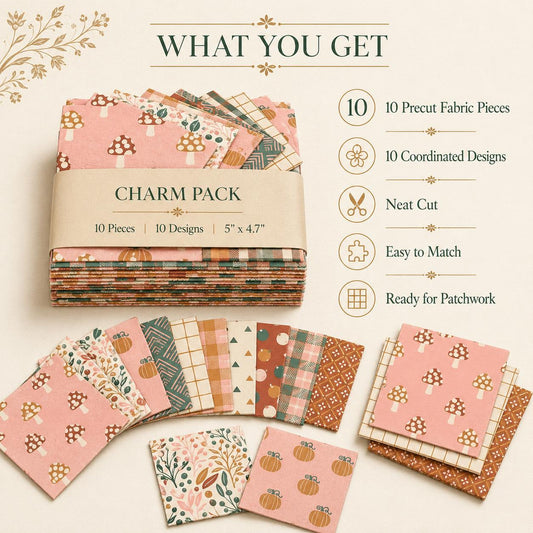 10pcs Charm Pack Set Mushroom Pumpkin Pattern Vintage Style Handmade DIY with Rich Color and Texture Elements 100% Polyester Patchwork in 10 Design Styles Suitable for Patchwork DIY Craft Projects DIY Wallet Making Gift Giving Bag Making Mother's Day Gift