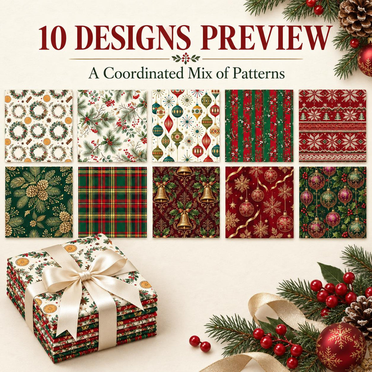 10Pc/Set Christmas Series Stripe Bowknot Wreath Flower Star Plaid Holly Pinecones Fat Quarter Fabric, Pre-Cut Square Fabric Assort, Fabric Set, Craft Fabric, Handmade DIY Patchwork Fabric,Home Quilting Sewing Fabric, Packaging Fabric, Scrapbooking Craft H