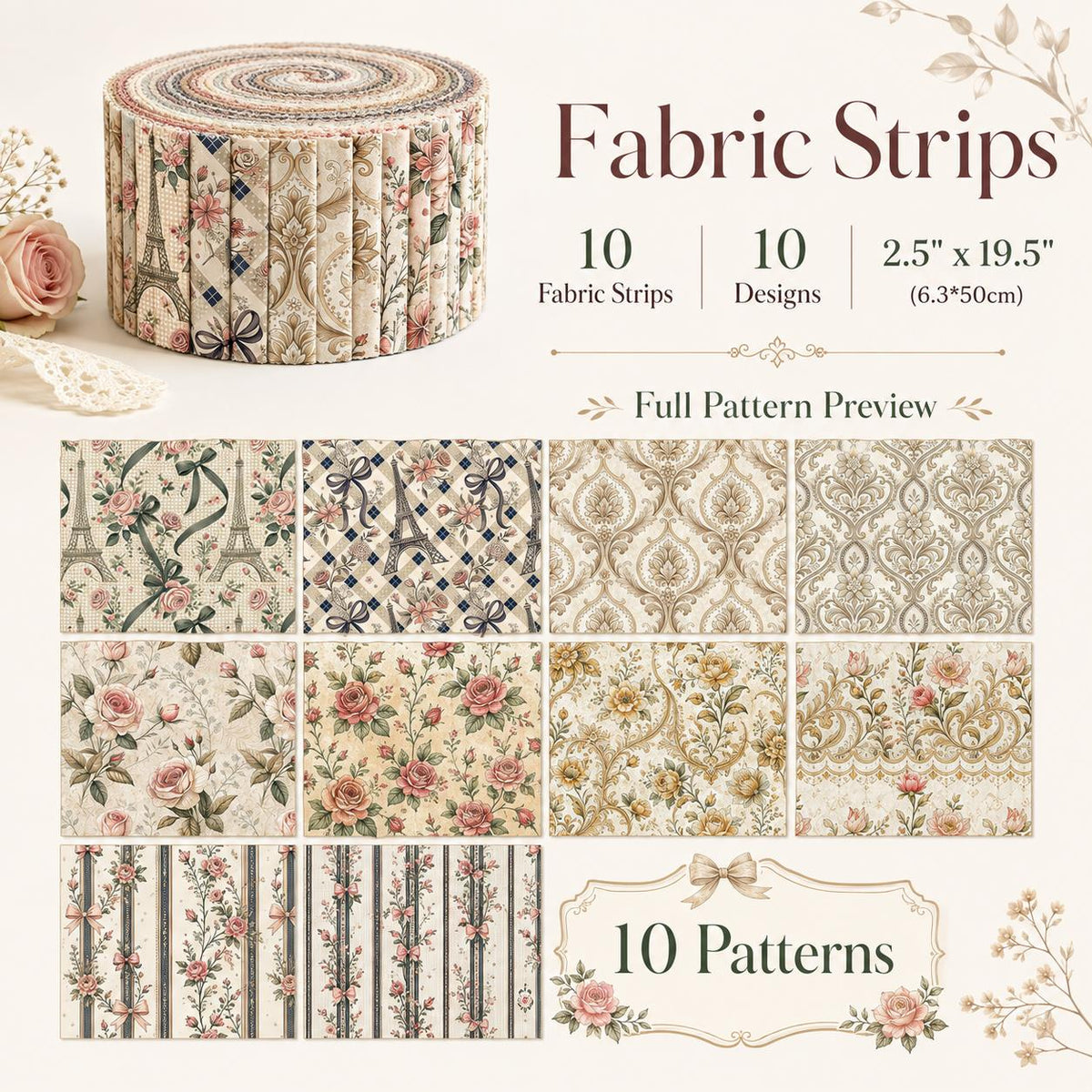 10pcs Vintage Floral Pattern Jelly Roll Fabric Strips 2.5X19.7inch Pre-Cut 100% Polyester For Patchwork Quilts, Table Runners, Placemats, Tote Bags, Storage Pouches, Makeup Bags, Coasters, Quilt Blocks & Binding