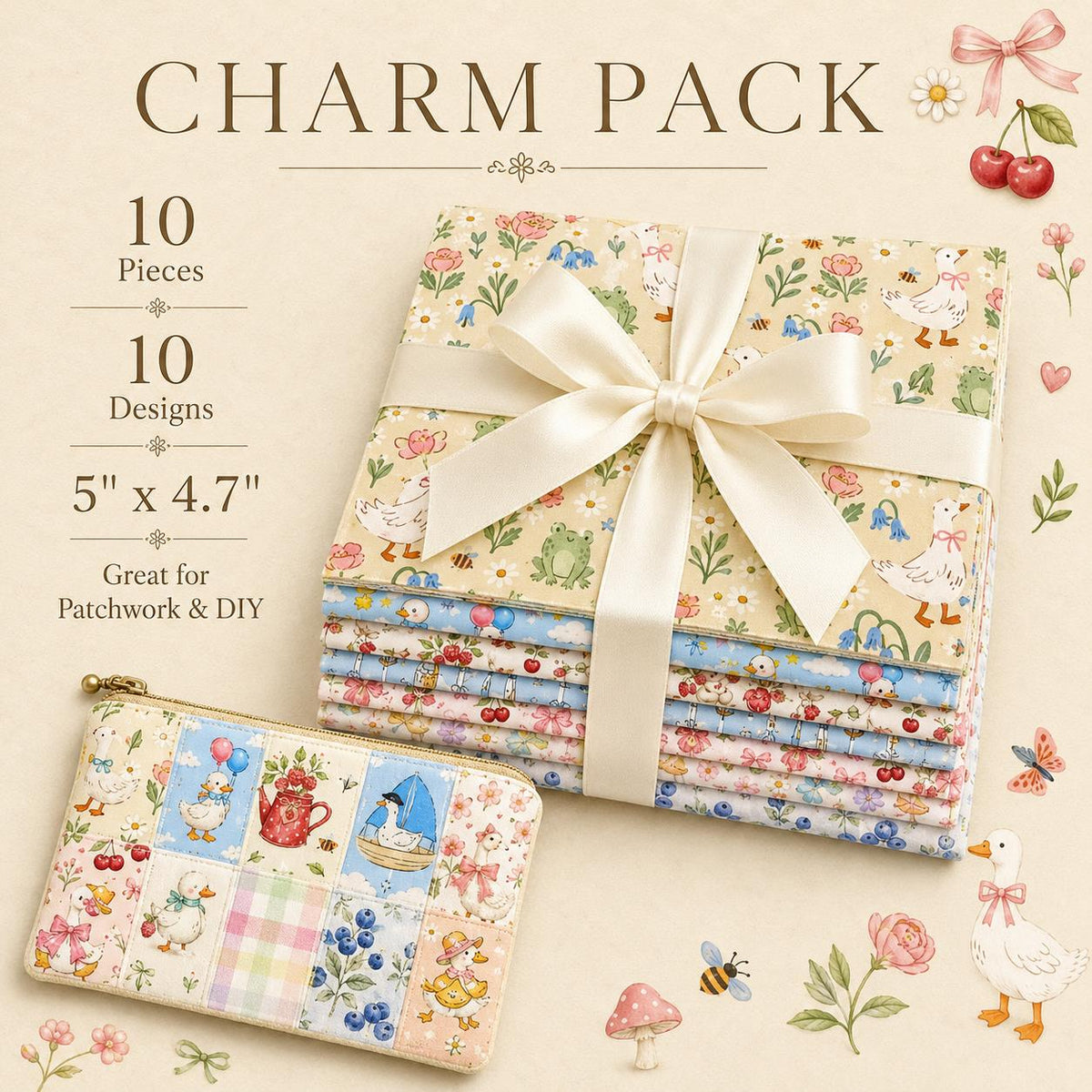 10pcs Charm Pack Set Duck Fruit Berry Pattern Vintage Style Handmade DIY with Rich Color and Texture Elements 100% Polyester Patchwork in 10 Design Styles Suitable for Patchwork DIY Craft Projects DIY Wallet Making Gift Giving Bag Making Mother's Day Gift