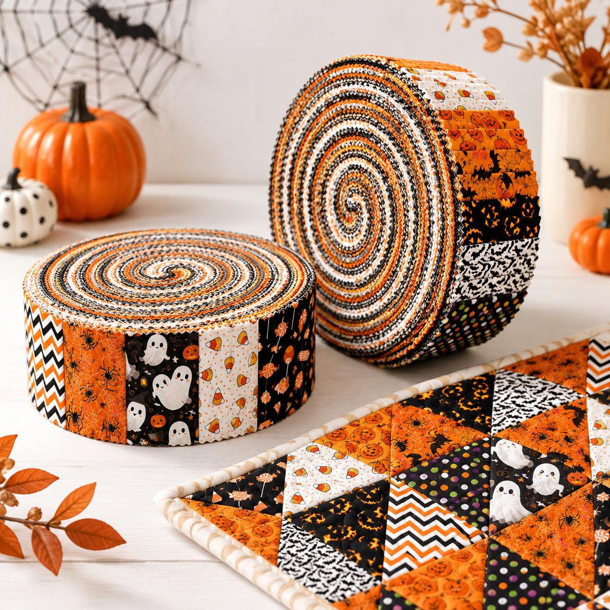 10Pc/Set, Making 10 Images 1pc Each, Each Size: 6.3*50cm Candy Pumpkin Bat Ghost Halloween Series Sliced Fabric Set Style Combination, Polyester Jelly Roll Fabric Strips, Pre-Cut Quilting Squares, For Quilting DIY, Handicrafts And Sewing, Blankets, Rugs