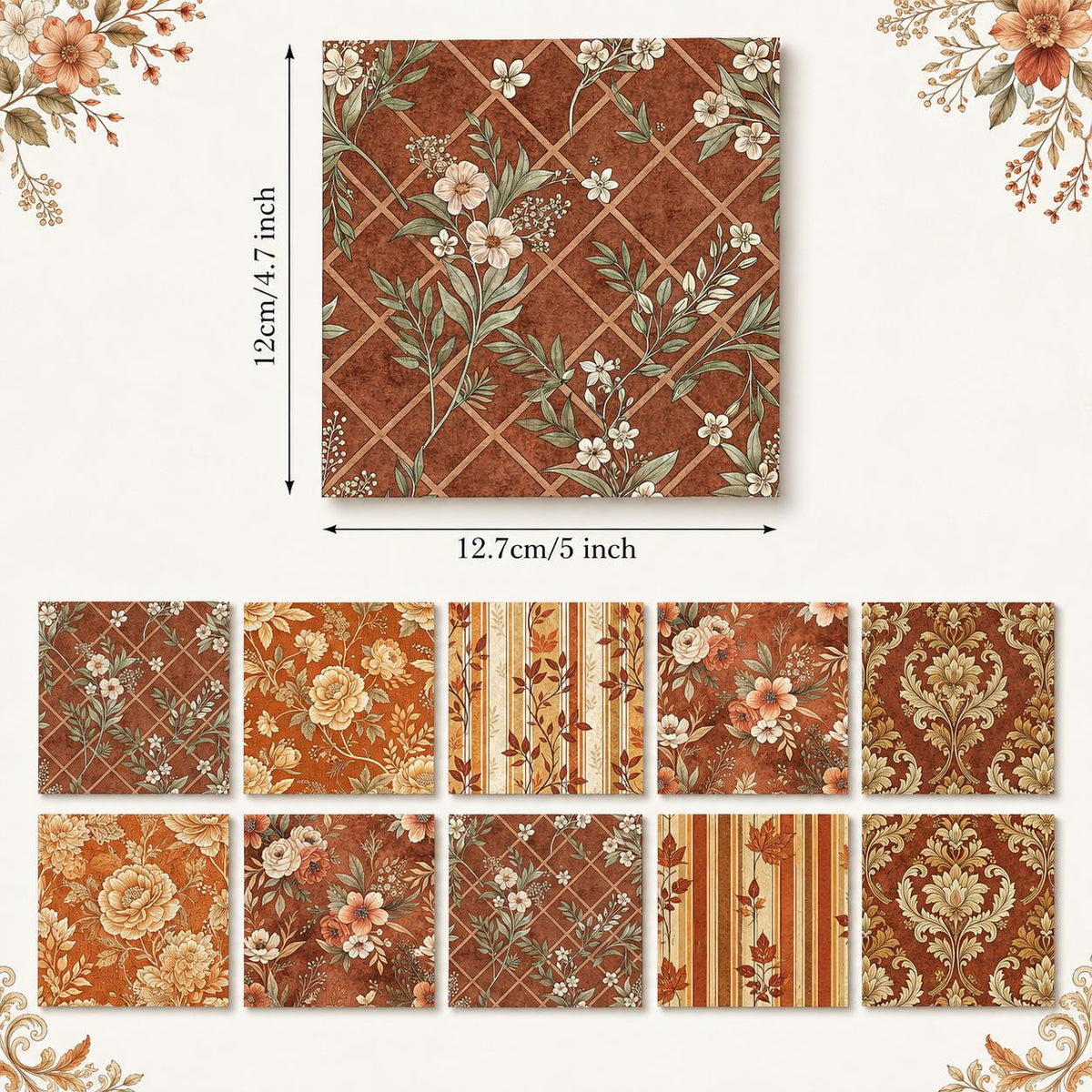 10Pc/Set Autumn Stripe Flower Series Fat Quarter Fabric, Pre-Cut Square Fabric Assort, Fabric Set, Craft Fabric, Handmade DIY Patchwork Fabric,Home Quilting Sewing Fabric, Packaging Fabric, Scrapbooking Craft Hobbyist