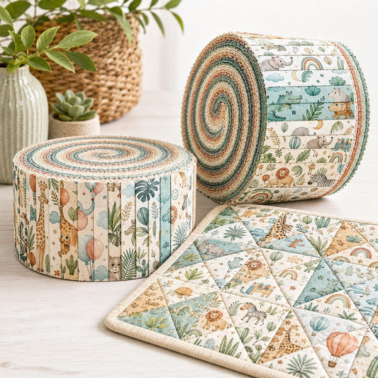 10pcs Vintage Animal Elephant Giraffe Theme Jelly Roll Fabric Strips 2.5X19.7inch Pre-Cut 100% Polyester For Patchwork Quilts, Table Runners, Placemats, Tote Bags, Storage Pouches, Makeup Bags, Coasters, Quilt Blocks & Binding
