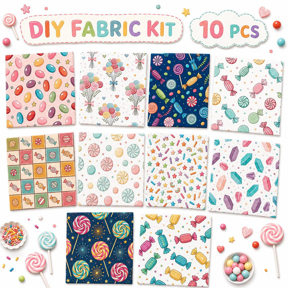 10Pc/Set Candy Series Lollipop Dot Fat Quarter Fabric, Pre-Cut Square Fabric Assort, Fabric Set, Craft Fabric, Handmade DIY Patchwork Fabric,Home Quilting Sewing Fabric, Packaging Fabric, Scrapbooking Craft Hobbyist