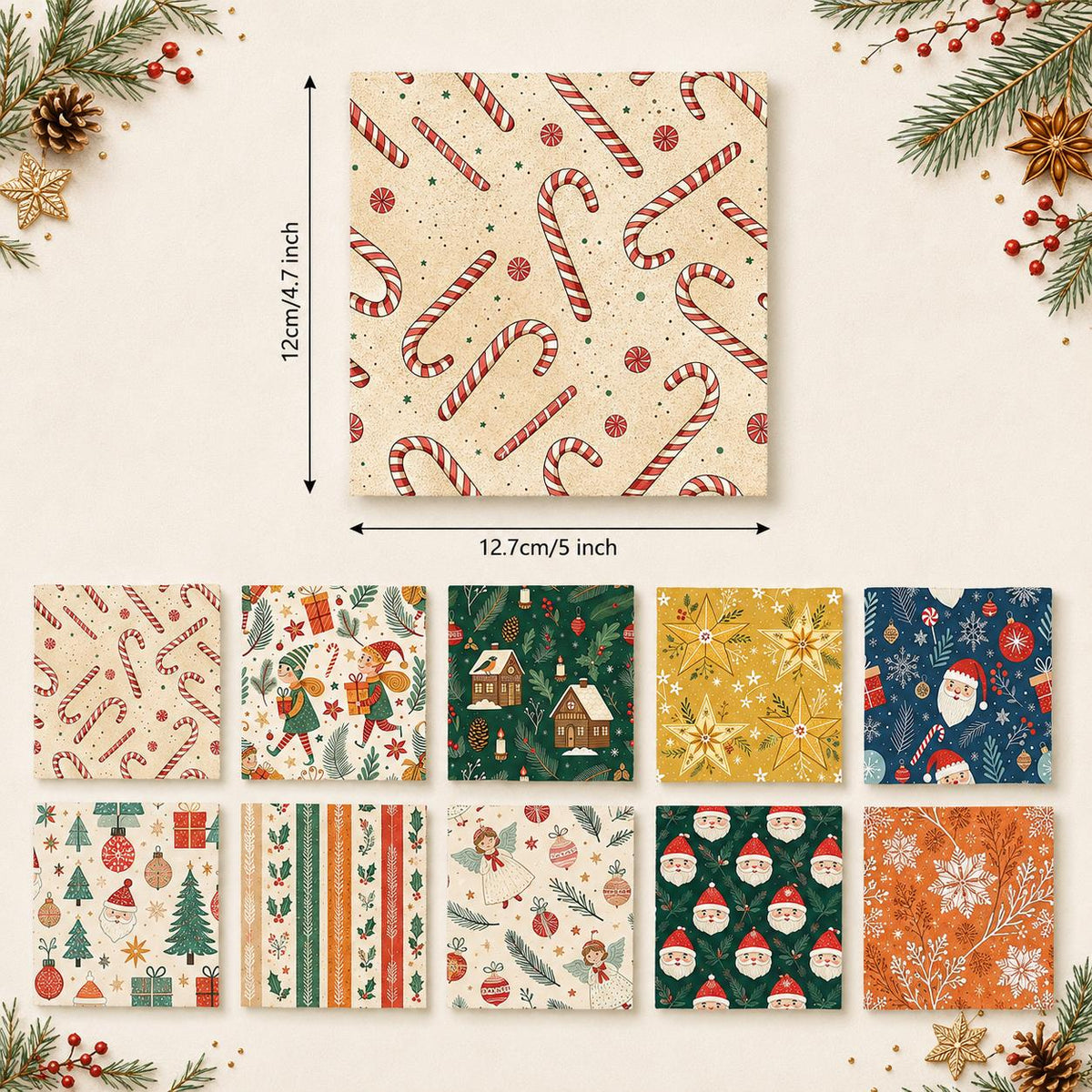 10Pc/Set Christmas Series Stripe Lollipop Star Pine Cones Holly Santa Claus Candy Fat Quarter Fabric, Pre-Cut Square Fabric Assort, Fabric Set, Craft Fabric, Handmade DIY Patchwork Fabric,Home Quilting Sewing Fabric, Packaging Fabric, Scrapbooking Craft H