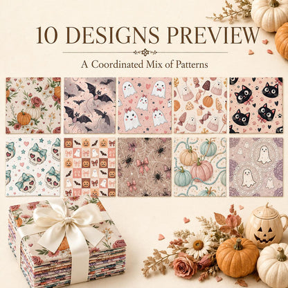 10pcs Charm Pack Set  Bat Ghost Halloween Vintage Style Pattern Handmade DIY with Rich Color and Texture Elements 100% Polyester Patchwork in 10 Design Styles Suitable for Patchwork DIY Craft Projects DIY Wallet Making Gift Giving Bag Making