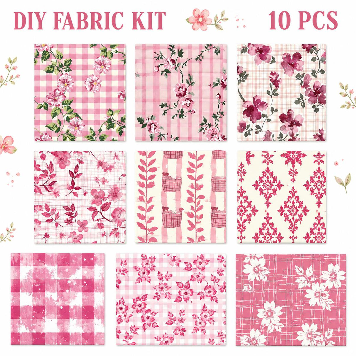 10pcs Charm Pack Set Pink Flower Pattern Vintage Style Pattern Handmade DIY with Rich Color and Texture Elements 100% Polyester Patchwork in 10 Design Styles Suitable for Patchwork DIY Craft Projects DIY Wallet Making Gift Giving Bag Making Mother's Day G